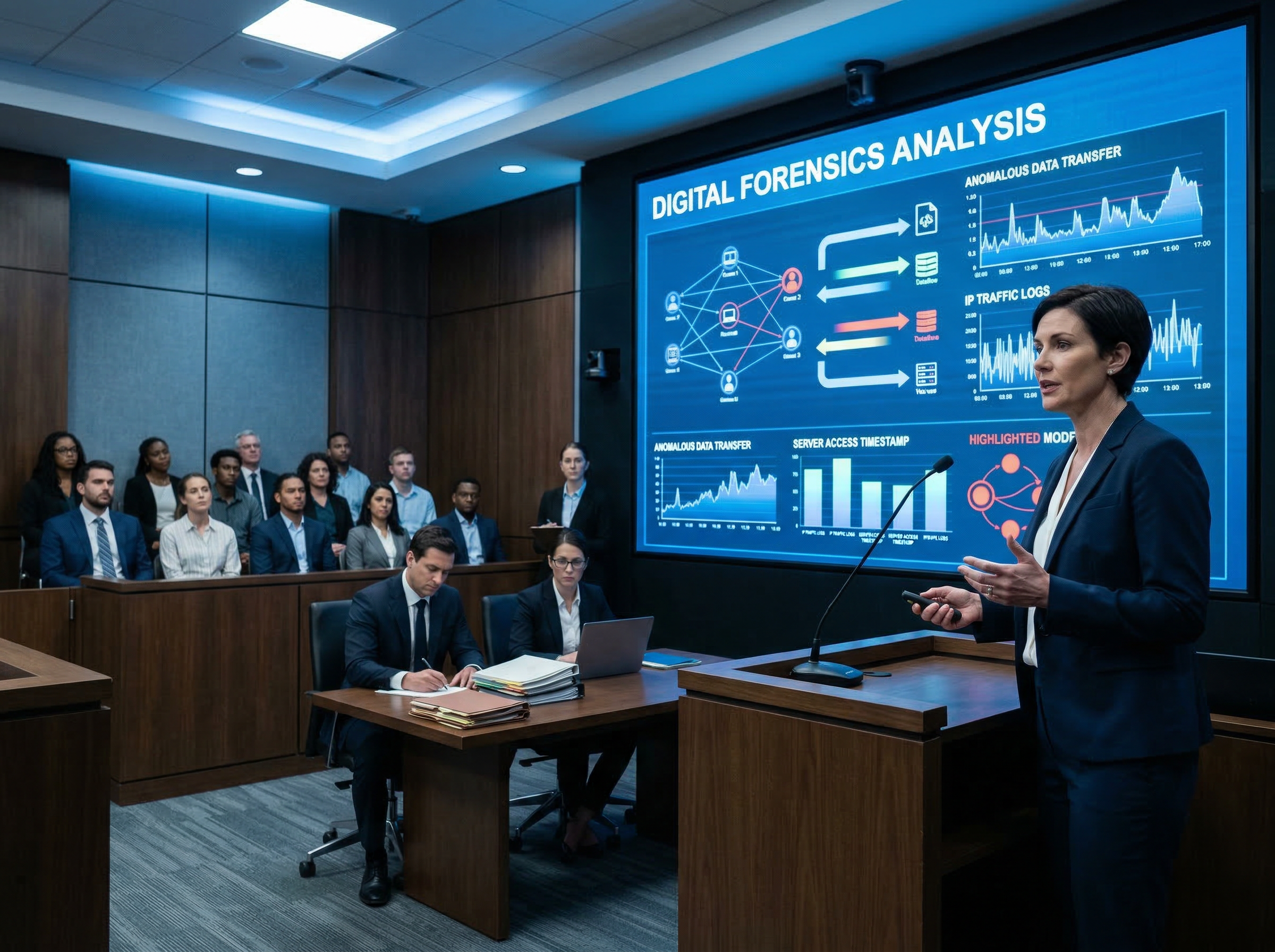 Expert witness testifying in court with digital forensics evidence displayed