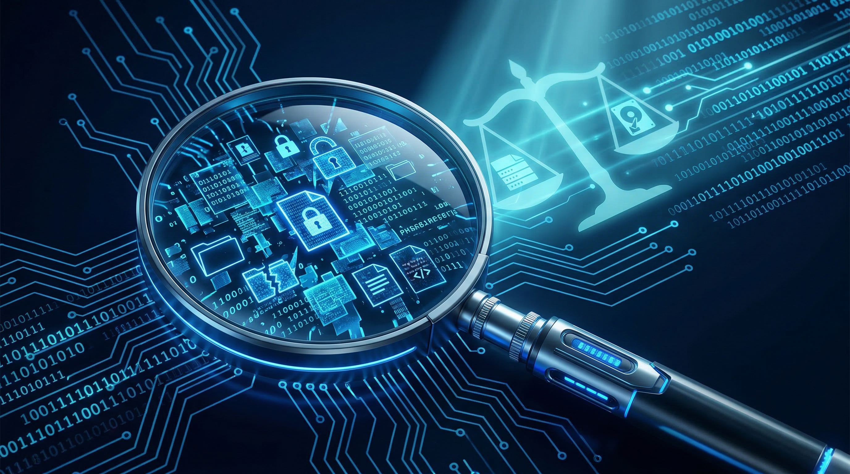 Digital forensics magnifying glass examining data streams with scales of justice