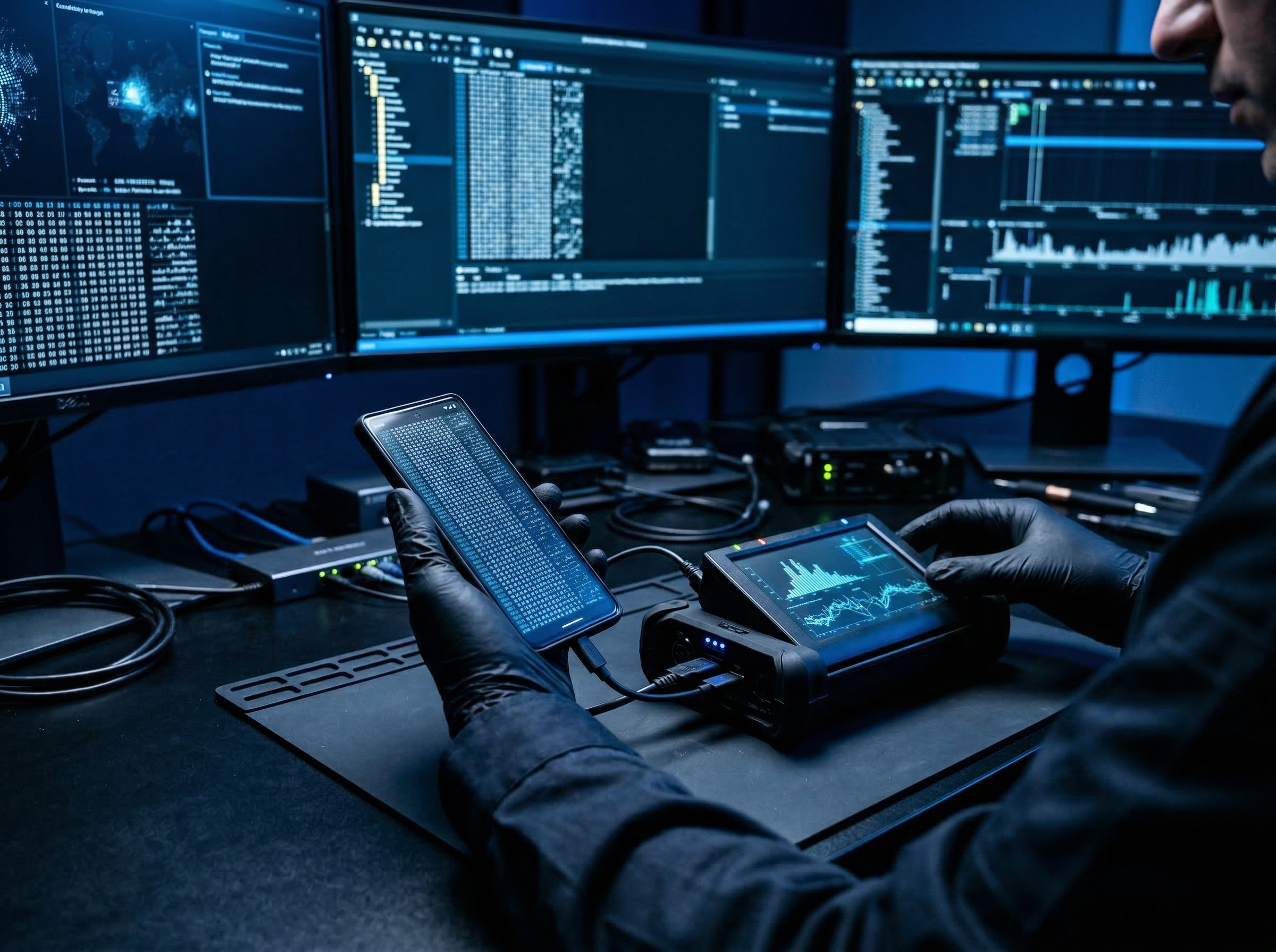 Digital forensics examiner extracting data from a mobile device using professional tools