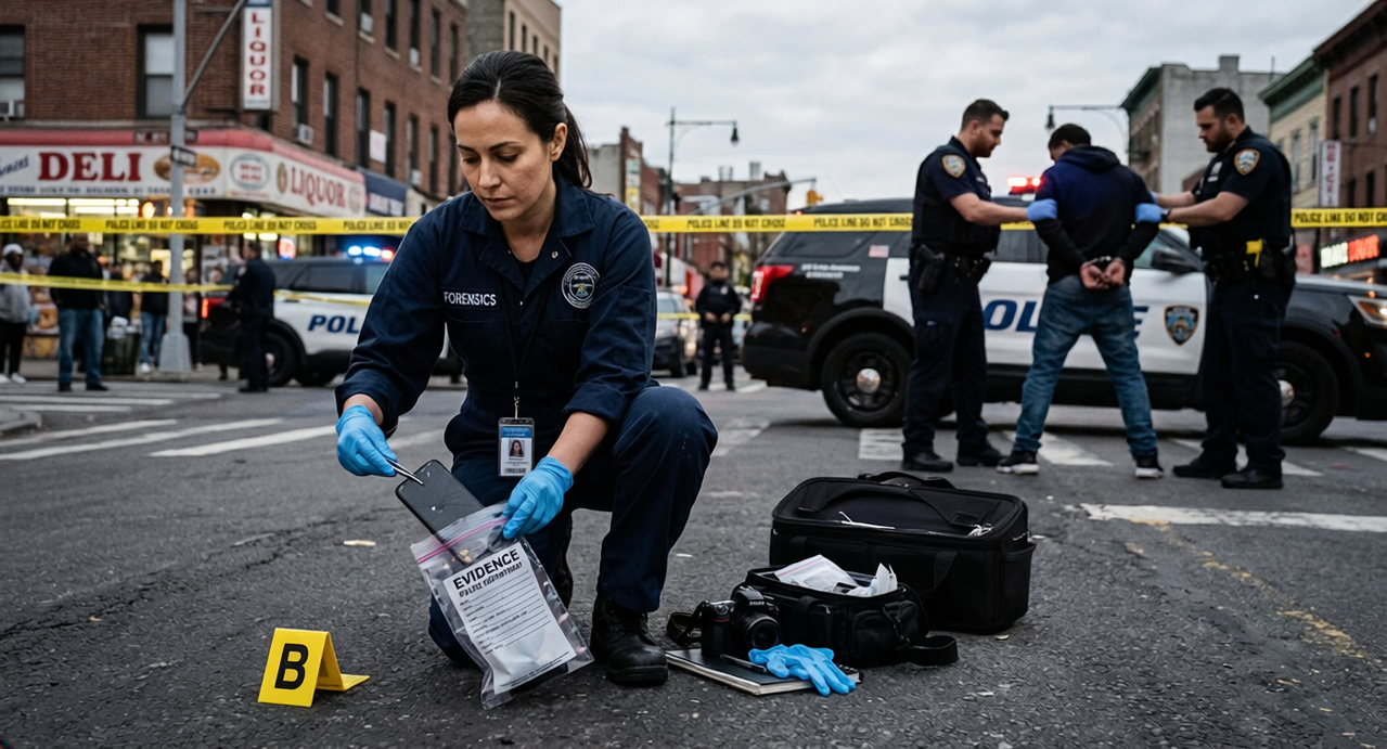 Forensics examiner collecting digital evidence at a crime scene with arrest in background