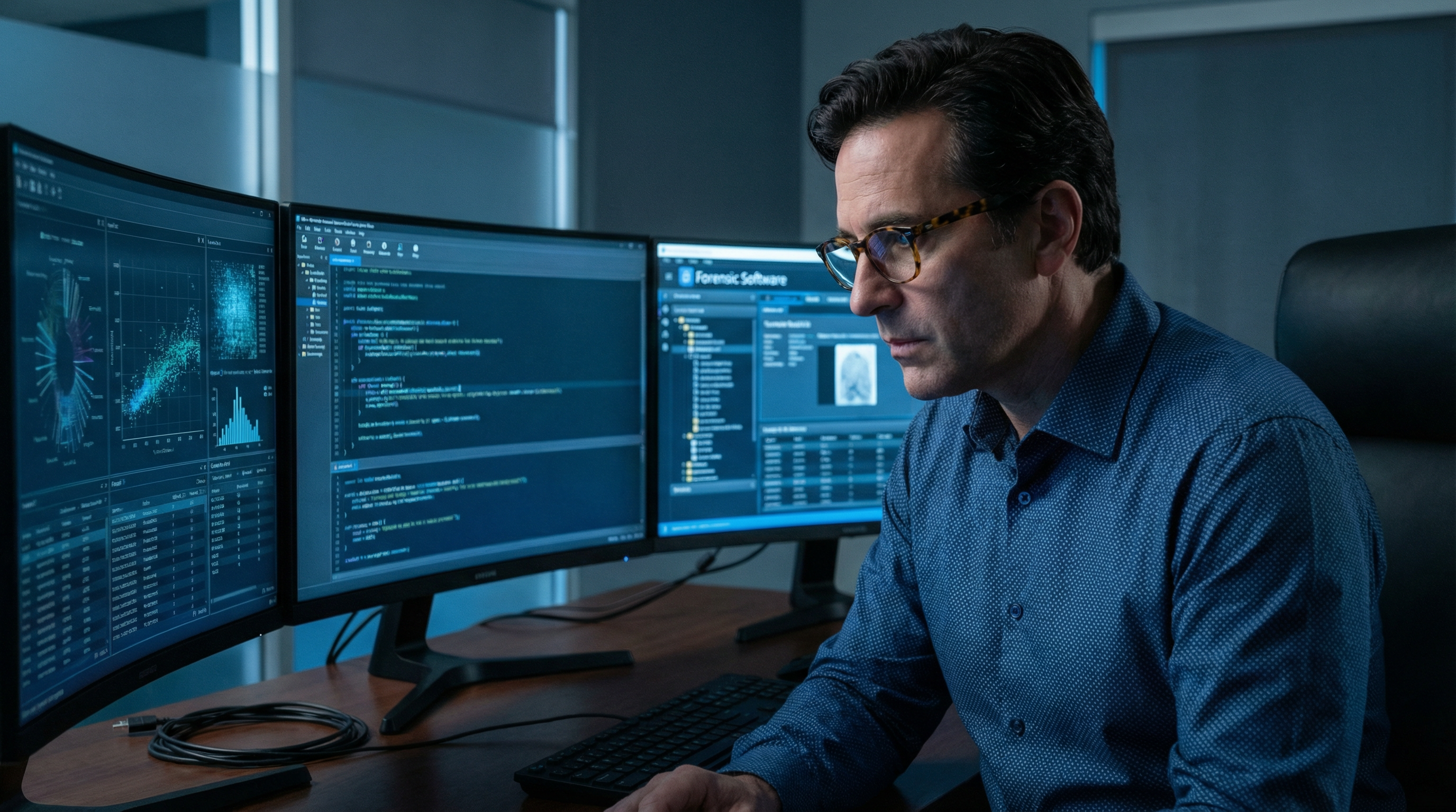 Forensics examiner at a multi-monitor analysis workstation reviewing device data